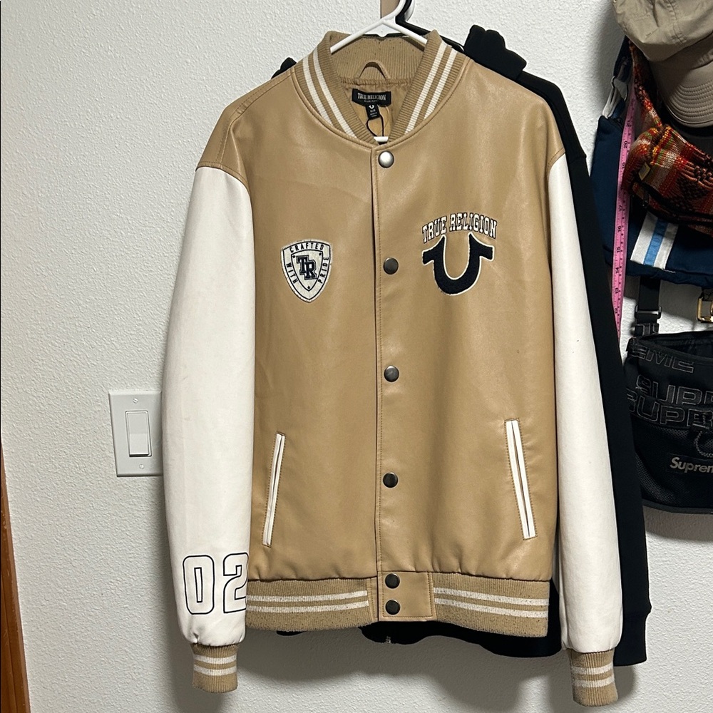 True Religion Men's Varsity Jacket in Tan and White